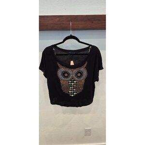 The Classic Womens Crop Top With Beaded Owl Design Black Made In USA Lightweight